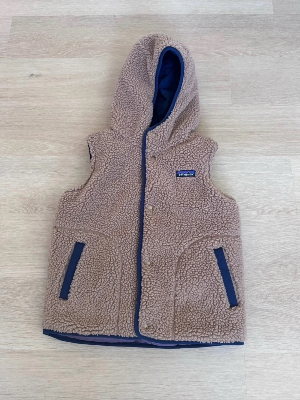 Patagonia Kids Hooded Puffer Vest in Navy & Mauve